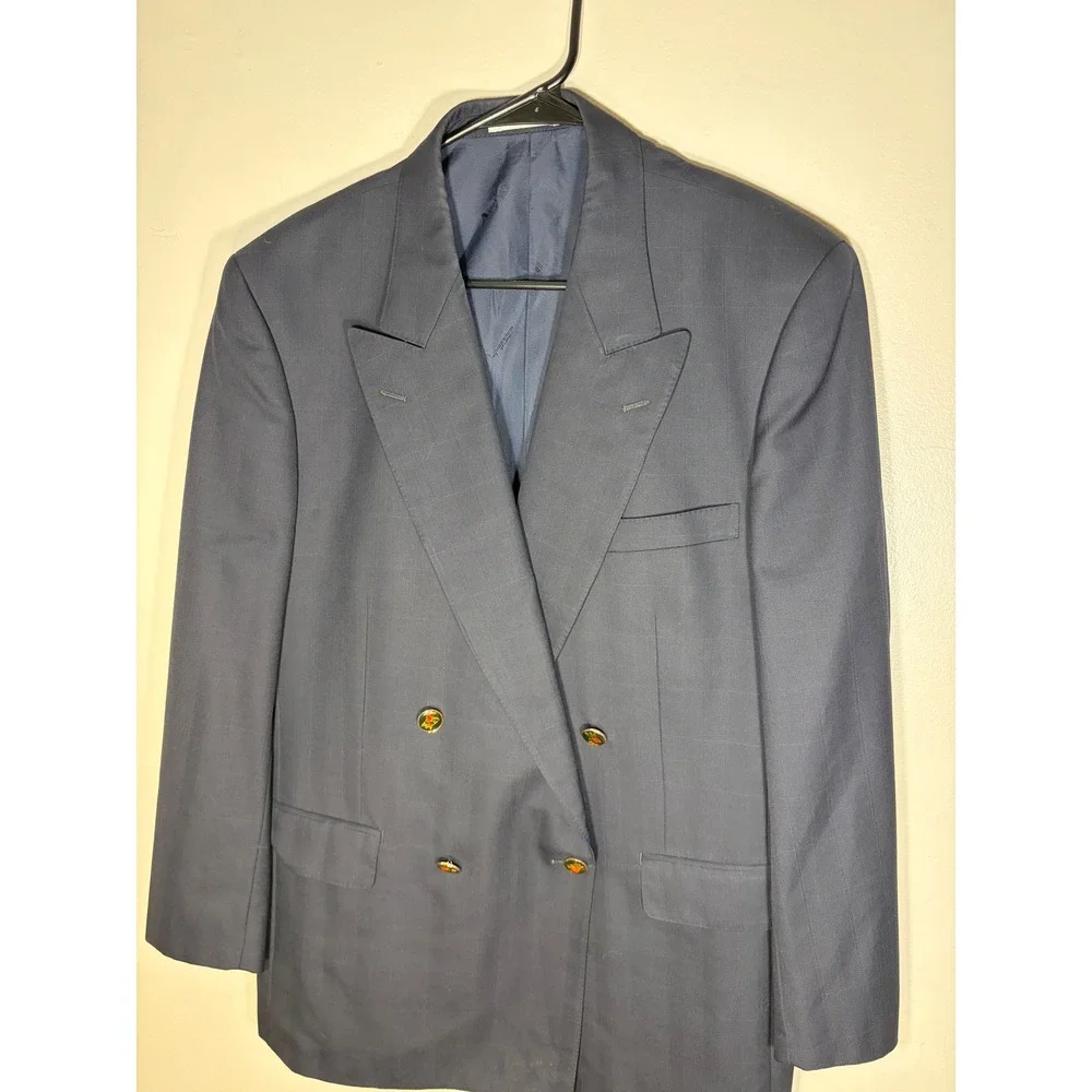 Aquascutum London Mens Navy Blue Double Breasted Peak Lapel Blazer Crest Buttons